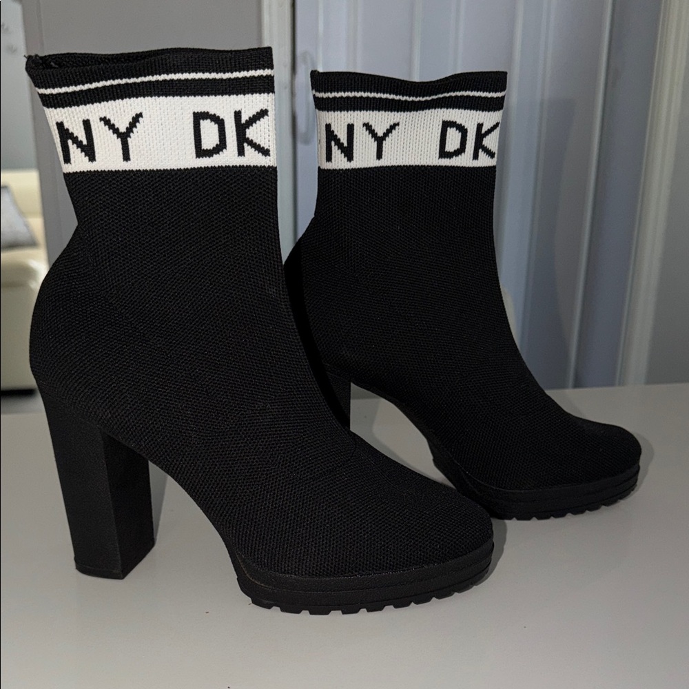DKNY Black Knit Sock Booties with White Logo Cuff